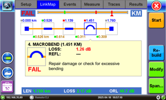 Macrobend Buster OTDR results showing the iconic Link Map view and highlighting the macro-bend event