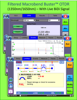Comparison between a regular 1310/1550nm OTDR vs. a filtered Macrobend Buster OTDR, in the presence of live BiDi Ethernet signals - The filtered 1350/1650nm OTDR is not affected
