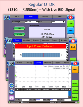 Comparison between a regular 1310/1550nm OTDR vs. a filtered Macrobend Buster OTDR, in the presence of live BiDi Ethernet signals - The regular 1310/1550nm OTDR does not work