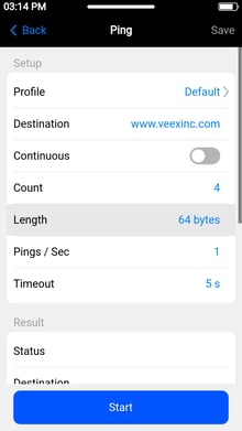 VeEX PX90 Ping test configuration page