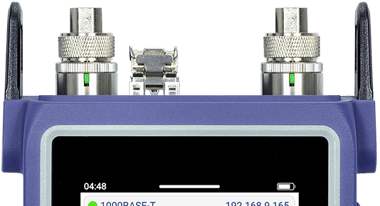 Front view of a VeEX PON Installer test set, showing the optical connector protectors without the dust cap, for better details