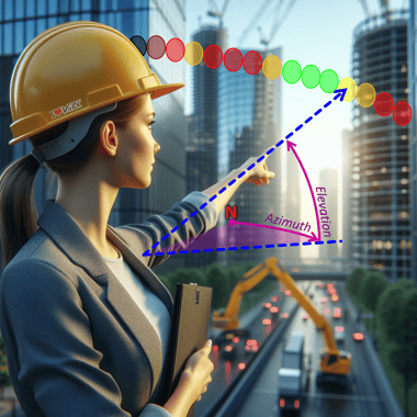 A woman demonstrating the use of polar vectors to point at nearby obstacles for the satellite signals