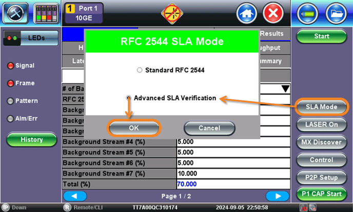 Enabling the Advanced SLA Verification mode in the RFC2544 test feature