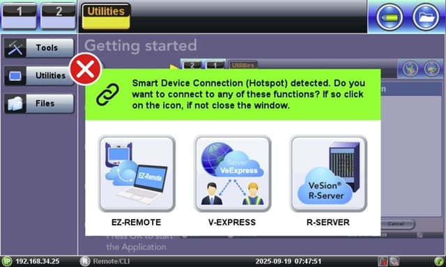 VeEX RXT-1200 cloud applications menu from the iPhone (wired) cellular tethering. (Personal Hotspot)