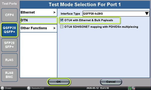 Steps required on the Test Mode Selection menu, to launch the QSFP28 OTU4 test application in the RXT-6200 test set.