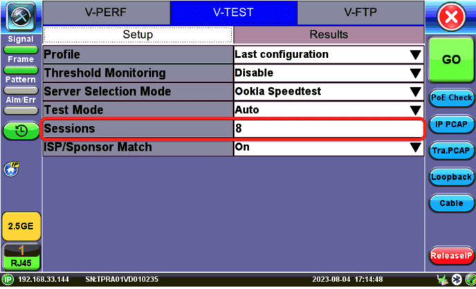 Example of the V-TEST configuration page where users can set the number of streams to be used for the Internet speed test