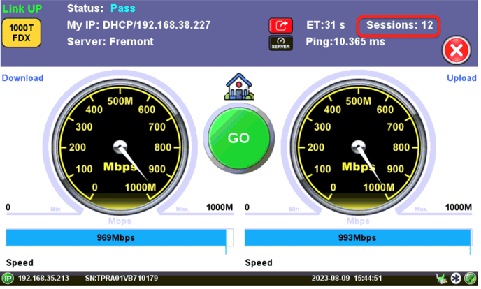 V-TEST internet access speed test with 12 sessions offered the best performance on this particular port.