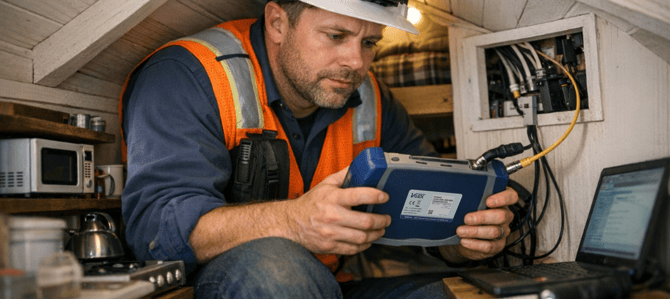 Image of a communications technician inside of a very small home - An exaggerated depiction of field testing with indoors GNSS timing reference.