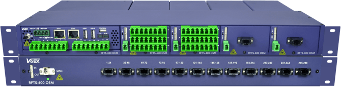 VeEX RFTS-400 with one Control Unit, four small optical switch modules and one full 19" multiport MPO switch