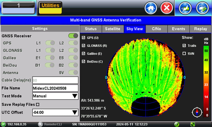 Final GNSS antenna reception quality pattern after a 72-hour test with VeEX SkyView antenna verification tool