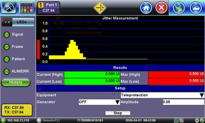 Example of IEEE C37.94 Jitter Measurement results screen on a VeEX test set.