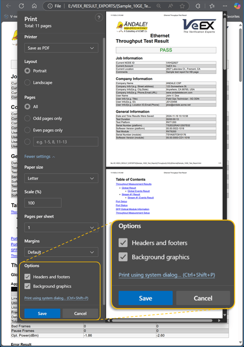 Print/PDF dialog box with recommended settings to generate properly formatted VeEX test reports