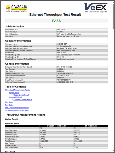 A sample test report from a VeEX test set, as viewed on the instrument or web browser