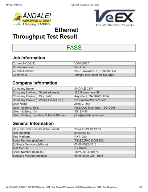 An example of VeEX test report (printed or PDF) with the proper printer driver settings and formatting.