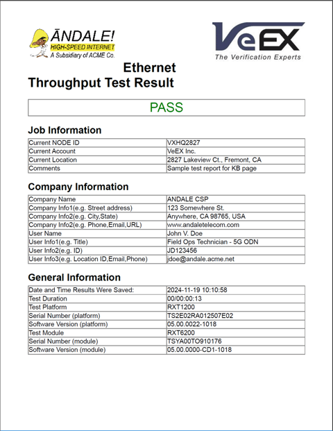 Partially formatted test report from VeEX test set (printed or PDF) due to printer driver settings