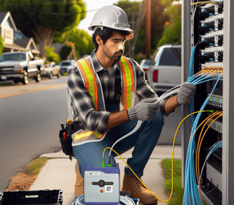 Telecommunication technician connecting the VeEX OTT to a Fiber Distribution Cabinet