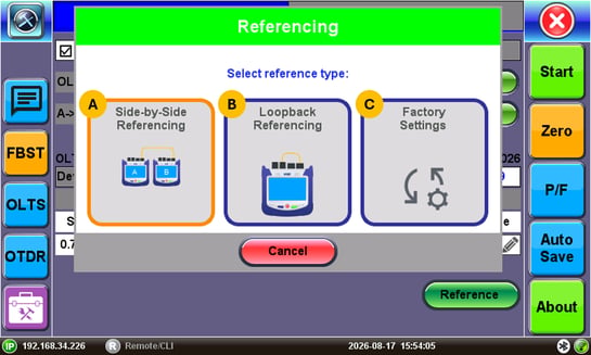 FX160 FiberBEAST's bidirectional referencing mode selection menu (screen)