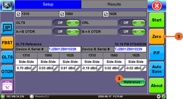 VeEX FX160 FiberBEAST's OPM zeroing and bidirectional referencing buttons/functions (screen)