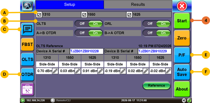 VeEX FX160 FiberBEAST bidirectional tests selection setup (screen)