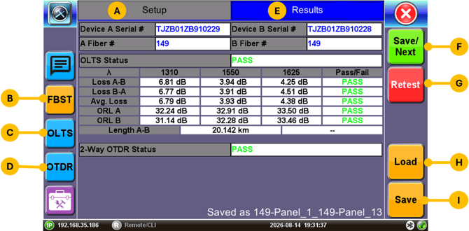 VeEX FX160 FiberBEAST bidirectional test results and functions/buttons (screen)