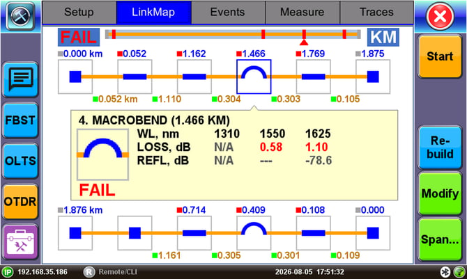 VeEX FX160 FiberBEAST Link Map event representation of the bidirectional OTDR tests (screen)