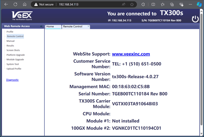 Web Access user interface with security warning message