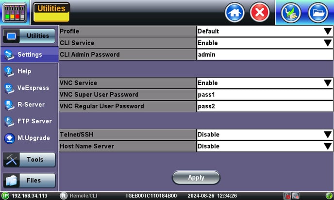 VeEX products' Remore Access configuration menu