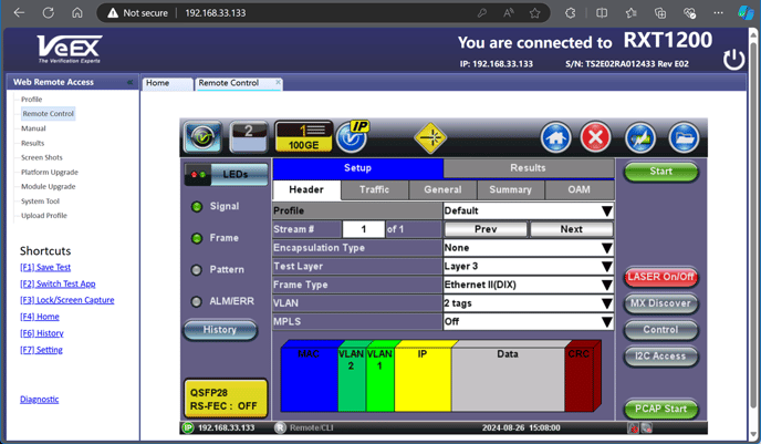 VeEX Web-based Remote Control GUI page, hosted by the test set
