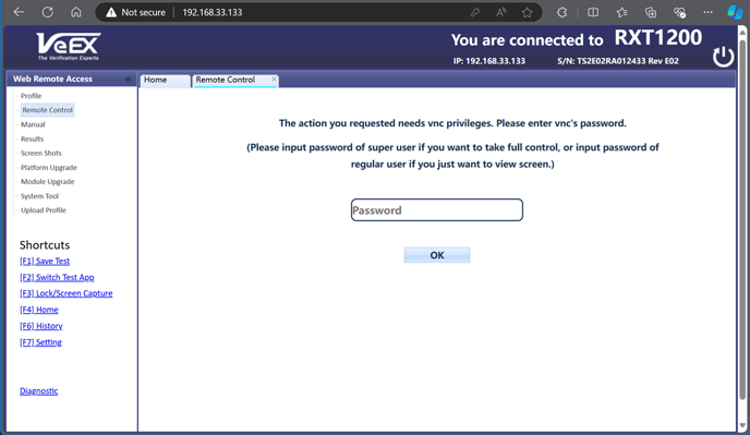 VeEX Web Remote Access page, internally hosted by the test set