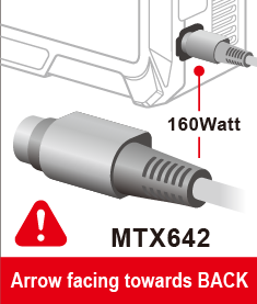 MTX642 warning label directing users on how to correctly plug the DC charger jack, with the flat side facing towards the back.