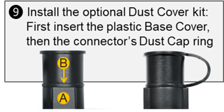 Install the plastic Base Cover first, then the Dust Cap ring and close