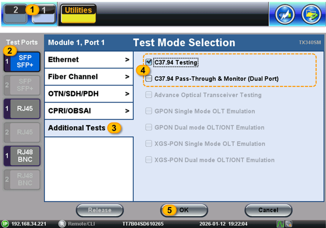 Example on how to start the IEEE C37.94 Test Application on a TX340s test set