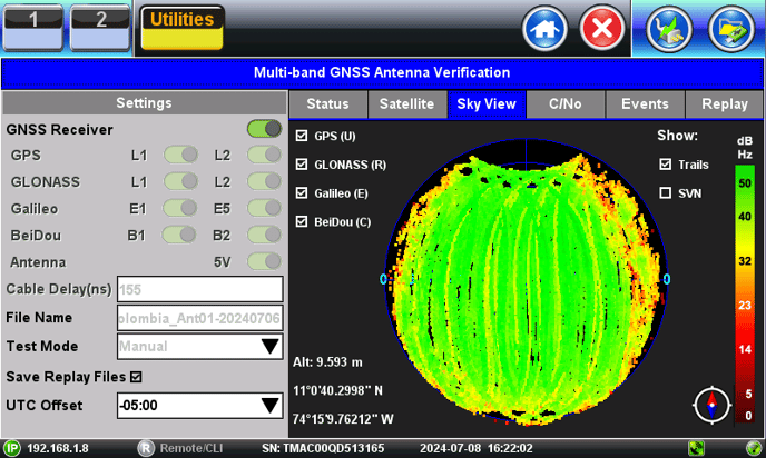 VeEX's Skyview test results from Colombia, showing the No Satellite area on the north and south parts of the polar coverage graph