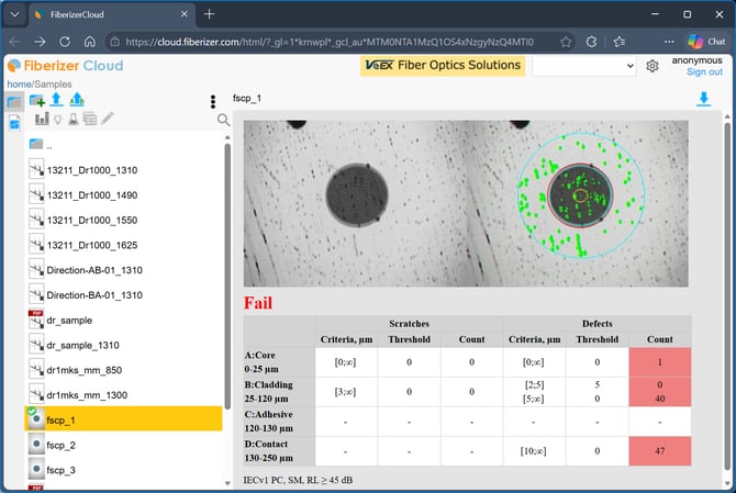 Fiberscope connector end face analysis in Fiberizer Cloud