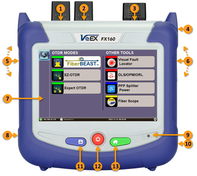 Front view of VeEX's FX160 FiberBEAST, identifying all key elements