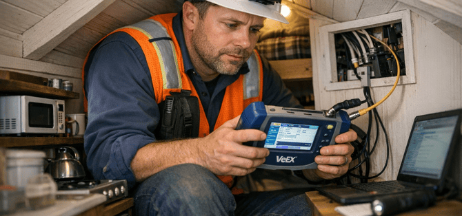 image of a communications technicians inside of a very small home - An exaggerated depiction of indoors testing