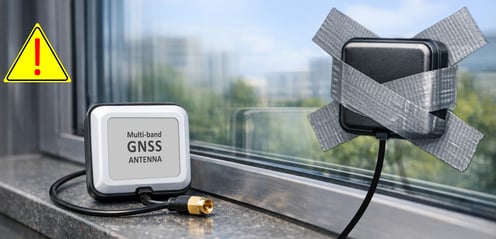 Images of portable GNSS patch antennas placed next to high-efficiency windows with metallic coating, which also reflects/block RF signals.