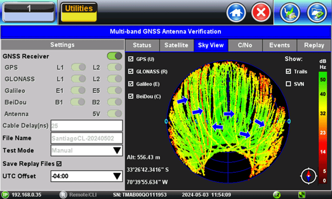 SkyView antenna reception quality map, showing some bad signal quality traces