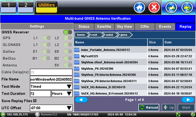 VeEX SkyView GPS/GNSS reception pattern results list, available to Replay