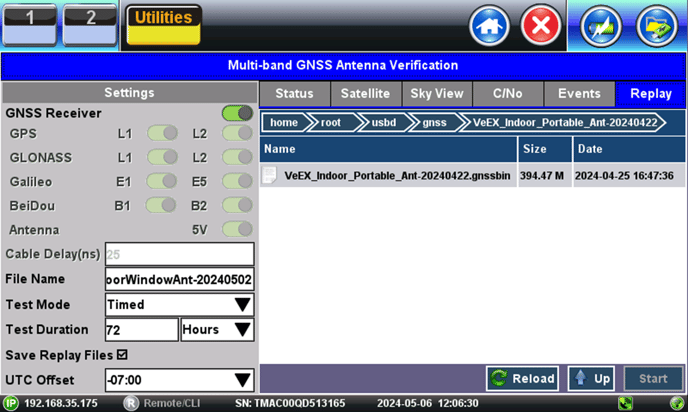 VeEX Skyview GPS/GNSS Antenna Reception result folder with playback file