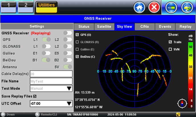 VeEX SkyView GPS/GNSS Antenna Reception tool playing back a saved test