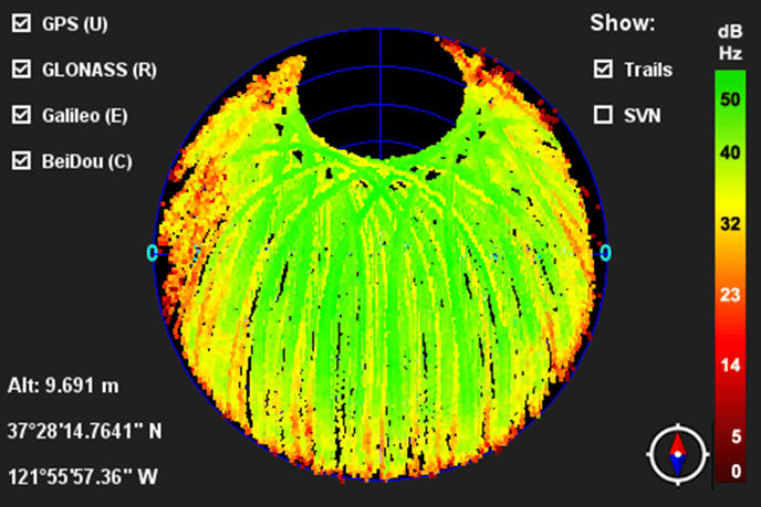 VeEX SkyView GPS/GNSS reception quality polar map screen (heat map)