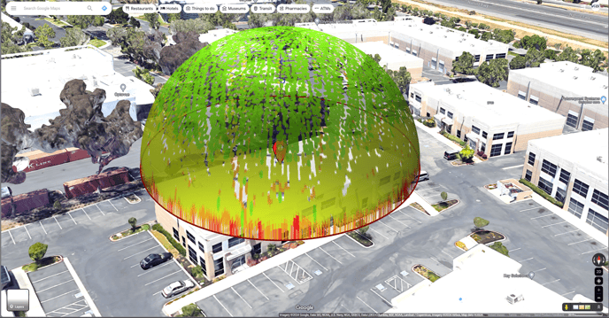 A 3D reconstruction of the GNSS antenna's reception pattern (field of view) over the map of the premises, using the cosine projection scaling
