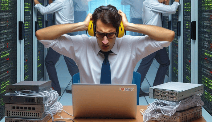 Person working on a noisy equipment room environment