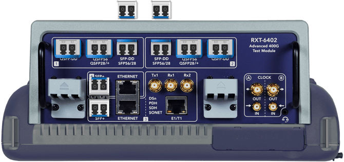 RXT-6402 connector panel image showing the correct orientation of the pluggable transceivers
