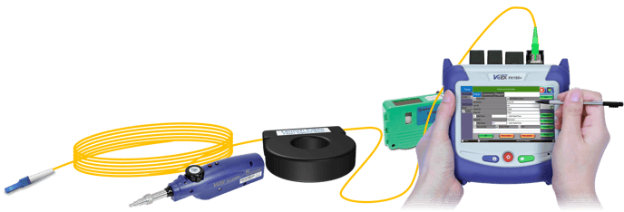 Diagram of a VeEX FX150+ mini OTDR with external launch fiber, cleaner and a fiber scope tool