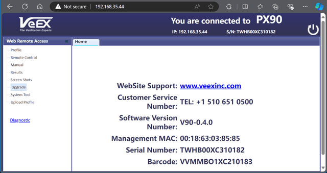 VeEX's PX90 Web Remote Access page provides multiple data management functions