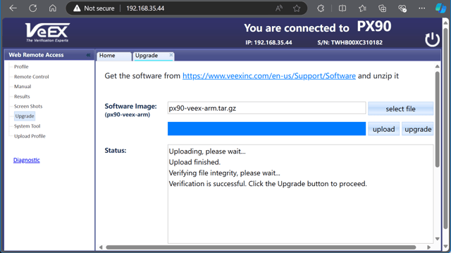 VeEX's PX90 software update via web browser