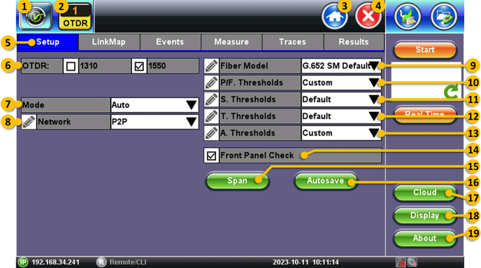 OTDR setup (configuration) screen for VeEX RXT-4100+ series.