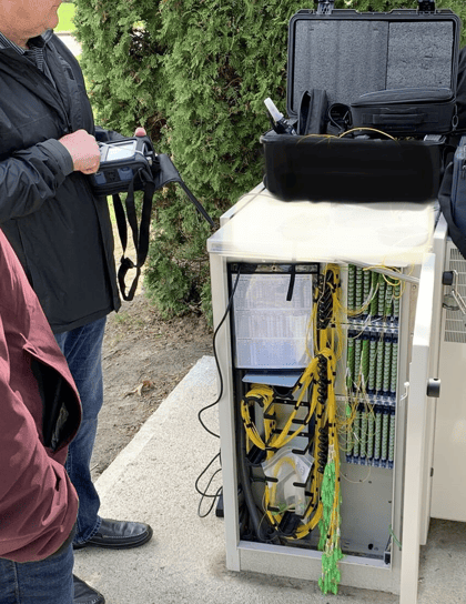 PON distribution (splitter) cabinet being tested